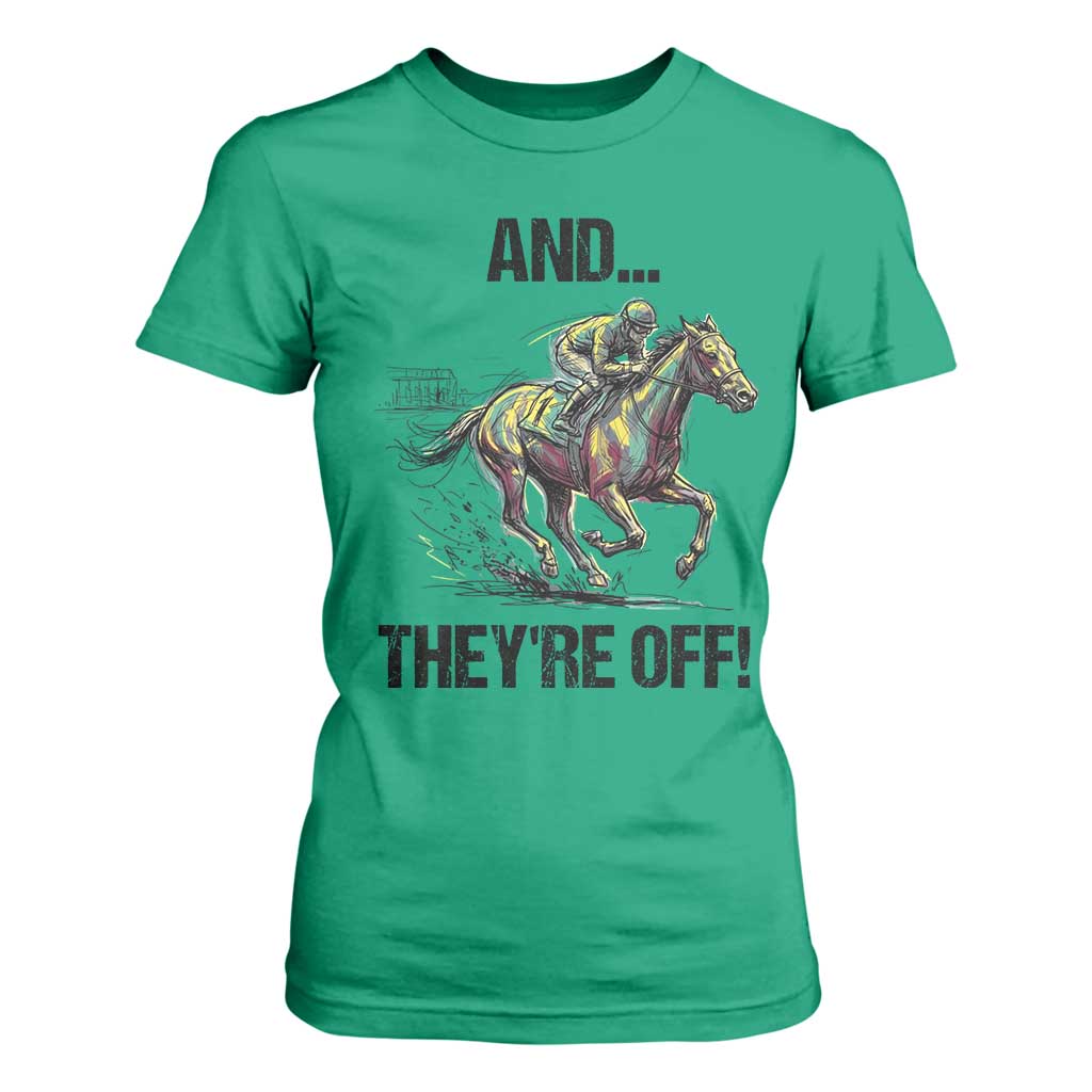 And They’re Off Colorful Horse Racing Sketch T Shirt For Women Jockey and Thoroughbred Sprinting Race Day TS02 Irish Green Print Your Wear