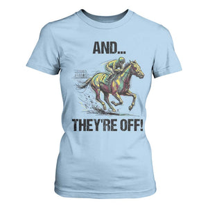 And They’re Off Colorful Horse Racing Sketch T Shirt For Women Jockey and Thoroughbred Sprinting Race Day TS02 Light Blue Print Your Wear