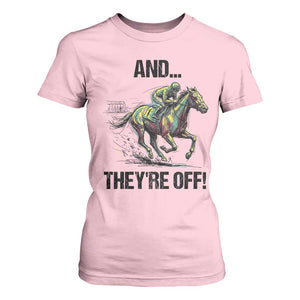 And They’re Off Colorful Horse Racing Sketch T Shirt For Women Jockey and Thoroughbred Sprinting Race Day TS02 Light Pink Print Your Wear
