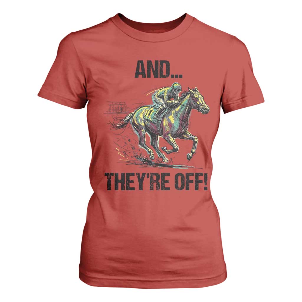 And They’re Off Colorful Horse Racing Sketch T Shirt For Women Jockey and Thoroughbred Sprinting Race Day TS02 Red Print Your Wear