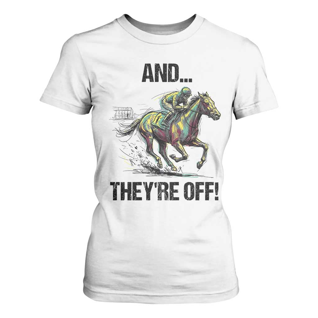 And They’re Off Colorful Horse Racing Sketch T Shirt For Women Jockey and Thoroughbred Sprinting Race Day TS02 White Print Your Wear