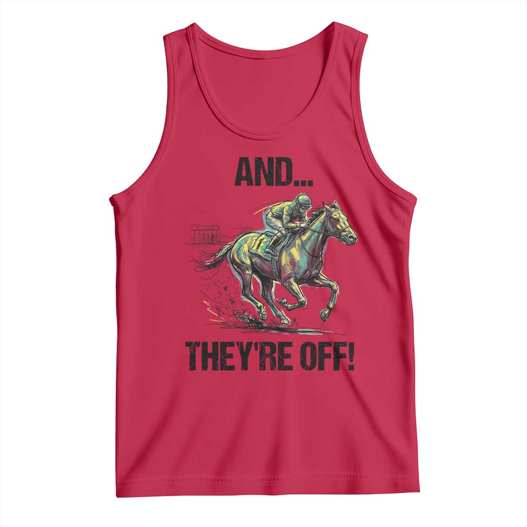 And They’re Off Colorful Horse Racing Sketch Tank Top Jockey and Thoroughbred Sprinting Race Day TS02 Red Print Your Wear