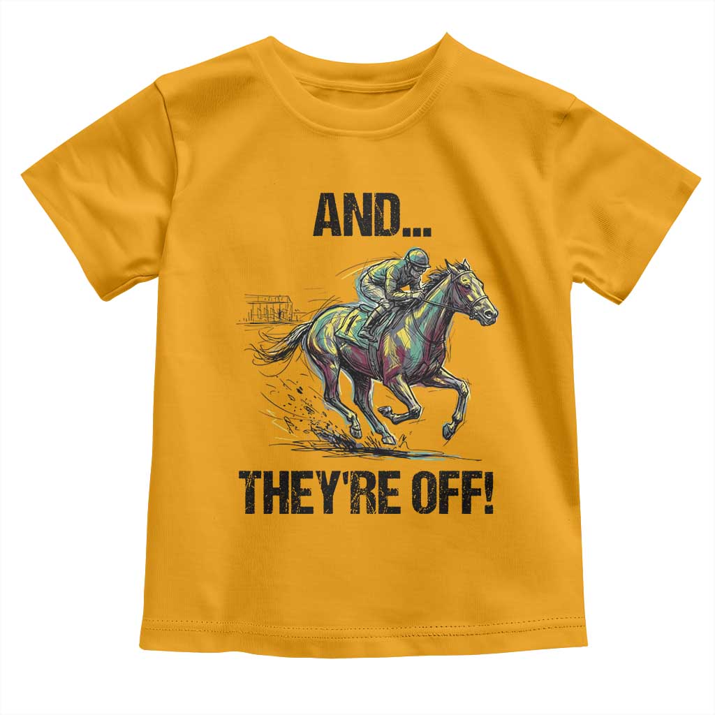 And They’re Off Colorful Horse Racing Sketch Toddler T Shirt Jockey and Thoroughbred Sprinting Race Day TS02 Gold Print Your Wear