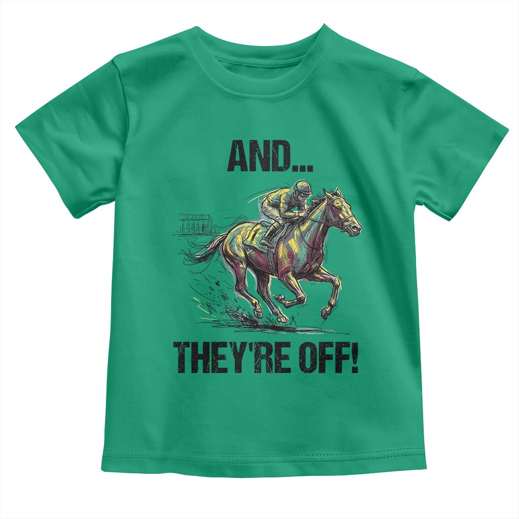 And They’re Off Colorful Horse Racing Sketch Toddler T Shirt Jockey and Thoroughbred Sprinting Race Day TS02 Irish Green Print Your Wear