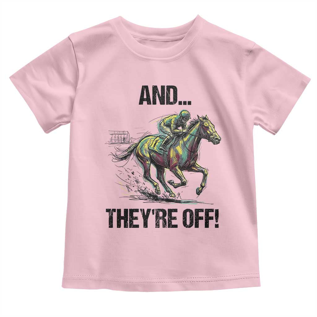 And They’re Off Colorful Horse Racing Sketch Toddler T Shirt Jockey and Thoroughbred Sprinting Race Day TS02 Light Pink Print Your Wear