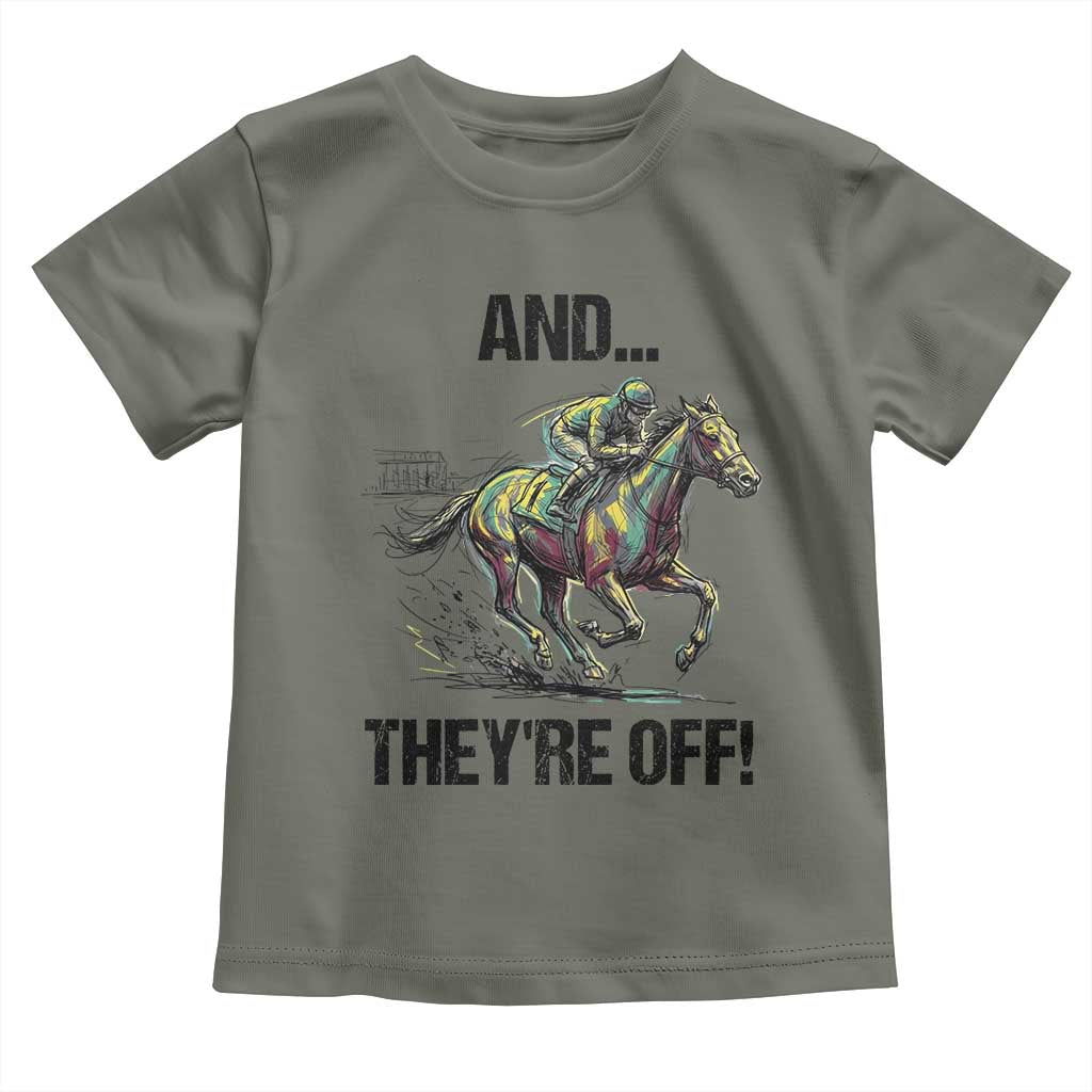 And They’re Off Colorful Horse Racing Sketch Toddler T Shirt Jockey and Thoroughbred Sprinting Race Day TS02 Military Green Print Your Wear