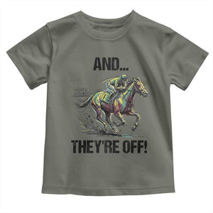 And They’re Off Colorful Horse Racing Sketch Toddler T Shirt Jockey and Thoroughbred Sprinting Race Day TS02 Military Green Print Your Wear