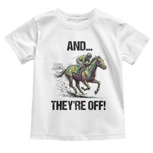 And They’re Off Colorful Horse Racing Sketch Toddler T Shirt Jockey and Thoroughbred Sprinting Race Day TS02 White Print Your Wear