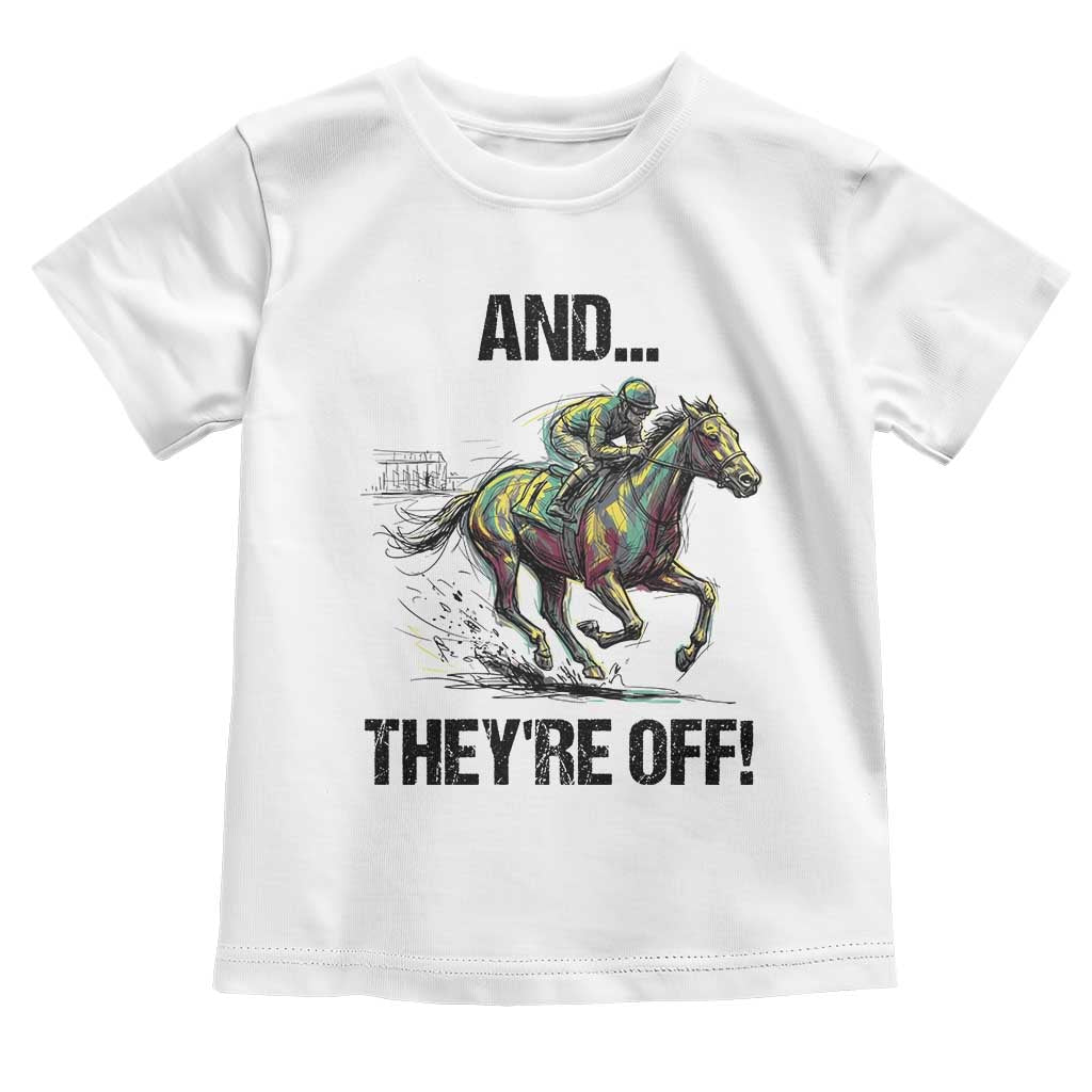 And They’re Off Colorful Horse Racing Sketch Toddler T Shirt Jockey and Thoroughbred Sprinting Race Day TS02 White Print Your Wear