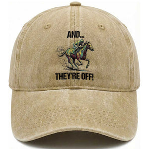 And They’re Off Colorful Horse Racing Sketch Washed Cotton Baseball Cap Jockey and Thoroughbred Sprinting Race Day TS02 Print Your Wear