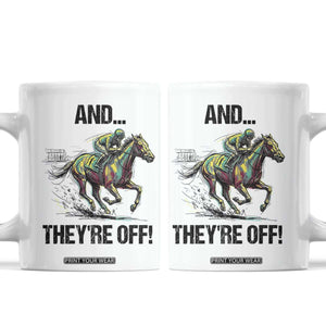 And They’re Off Colorful Horse Racing Sketch Coffee Mug Jockey and Thoroughbred Sprinting Race Day TS02 White Print Your Wear