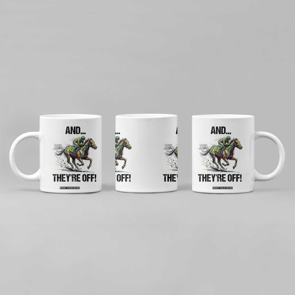 And They’re Off Colorful Horse Racing Sketch Coffee Mug Jockey and Thoroughbred Sprinting Race Day TS02 Print Your Wear