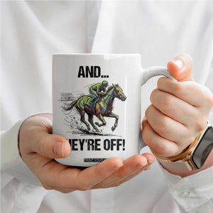 And They’re Off Colorful Horse Racing Sketch Coffee Mug Jockey and Thoroughbred Sprinting Race Day TS02 Print Your Wear