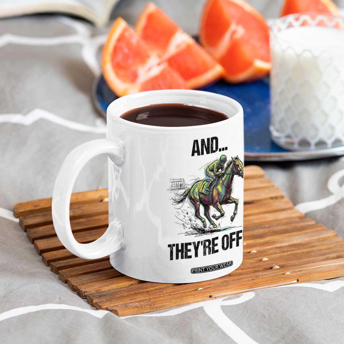 And They’re Off Colorful Horse Racing Sketch Coffee Mug Jockey and Thoroughbred Sprinting Race Day TS02 Print Your Wear