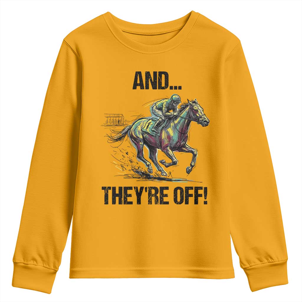 And They’re Off Colorful Horse Racing Sketch Youth Sweatshirt Jockey and Thoroughbred Sprinting Race Day TS02 Gold Print Your Wear