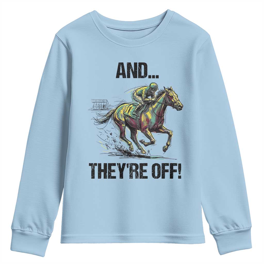 And They’re Off Colorful Horse Racing Sketch Youth Sweatshirt Jockey and Thoroughbred Sprinting Race Day TS02 Light Blue Print Your Wear