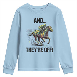 And They’re Off Colorful Horse Racing Sketch Youth Sweatshirt Jockey and Thoroughbred Sprinting Race Day TS02 Light Blue Print Your Wear