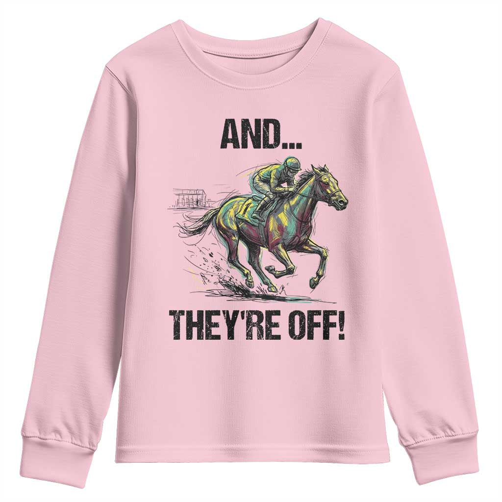 And They’re Off Colorful Horse Racing Sketch Youth Sweatshirt Jockey and Thoroughbred Sprinting Race Day TS02 Light Pink Print Your Wear