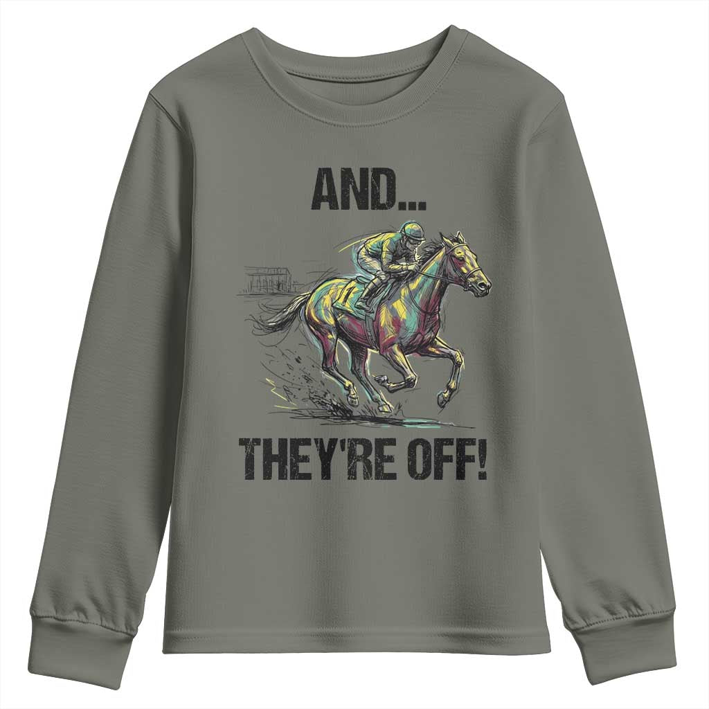 And They’re Off Colorful Horse Racing Sketch Youth Sweatshirt Jockey and Thoroughbred Sprinting Race Day TS02 Military Green Print Your Wear