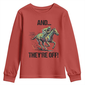 And They’re Off Colorful Horse Racing Sketch Youth Sweatshirt Jockey and Thoroughbred Sprinting Race Day TS02 Red Print Your Wear