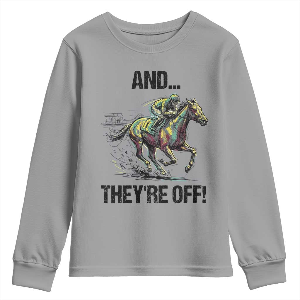 And They’re Off Colorful Horse Racing Sketch Youth Sweatshirt Jockey and Thoroughbred Sprinting Race Day TS02 Sport Gray Print Your Wear