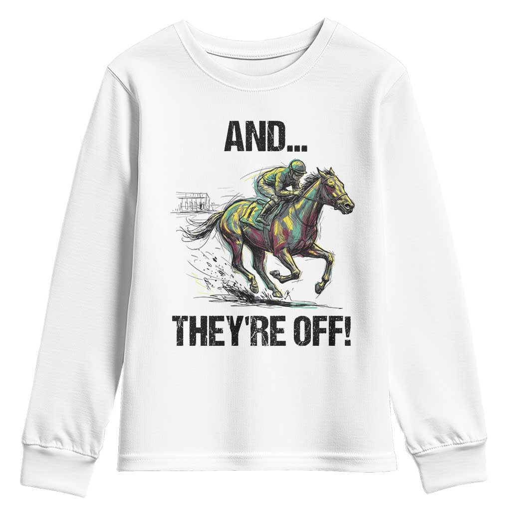And They’re Off Colorful Horse Racing Sketch Youth Sweatshirt Jockey and Thoroughbred Sprinting Race Day TS02 White Print Your Wear
