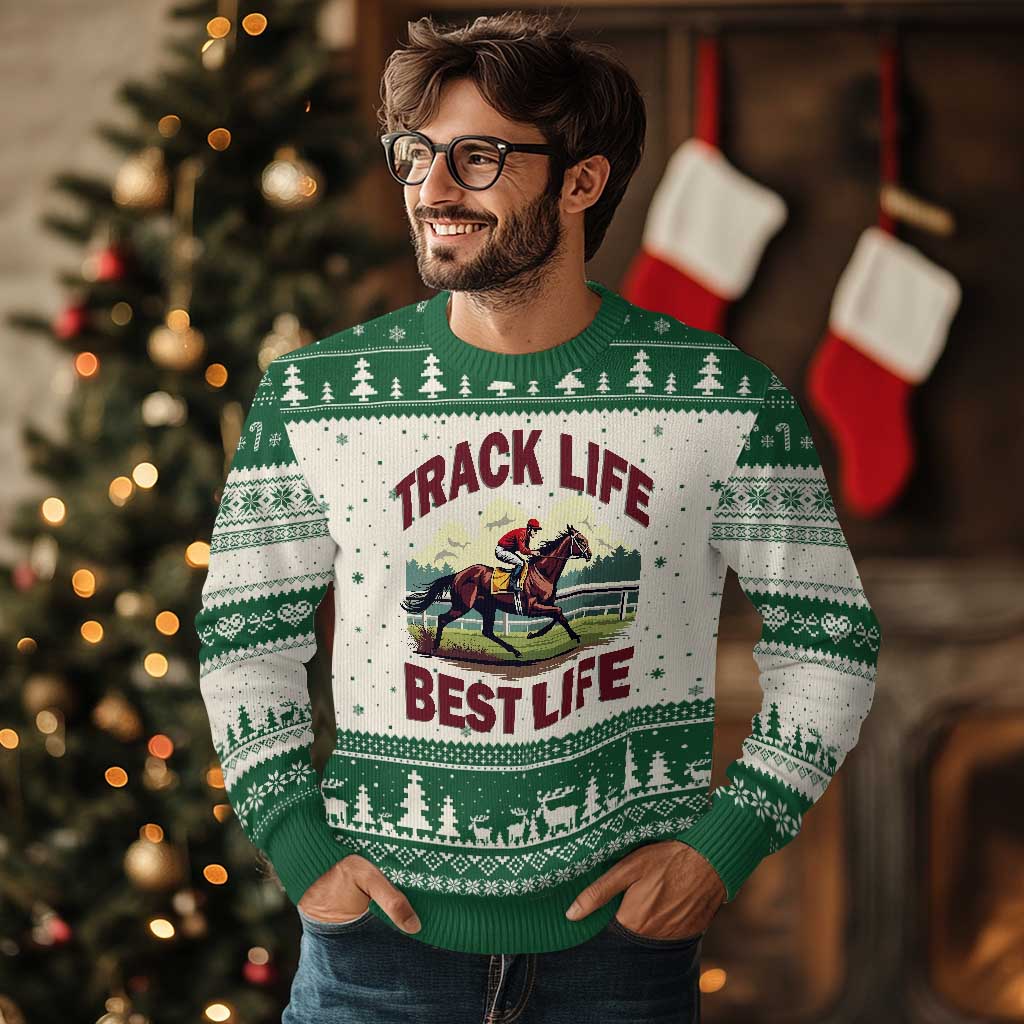 Track Life Best Life Horse Racing Enthusiast Ugly Christmas Sweater Retro Jockey and Racehorse Trackside Southern Equestrian TS02 Beige Green Print Your Wear