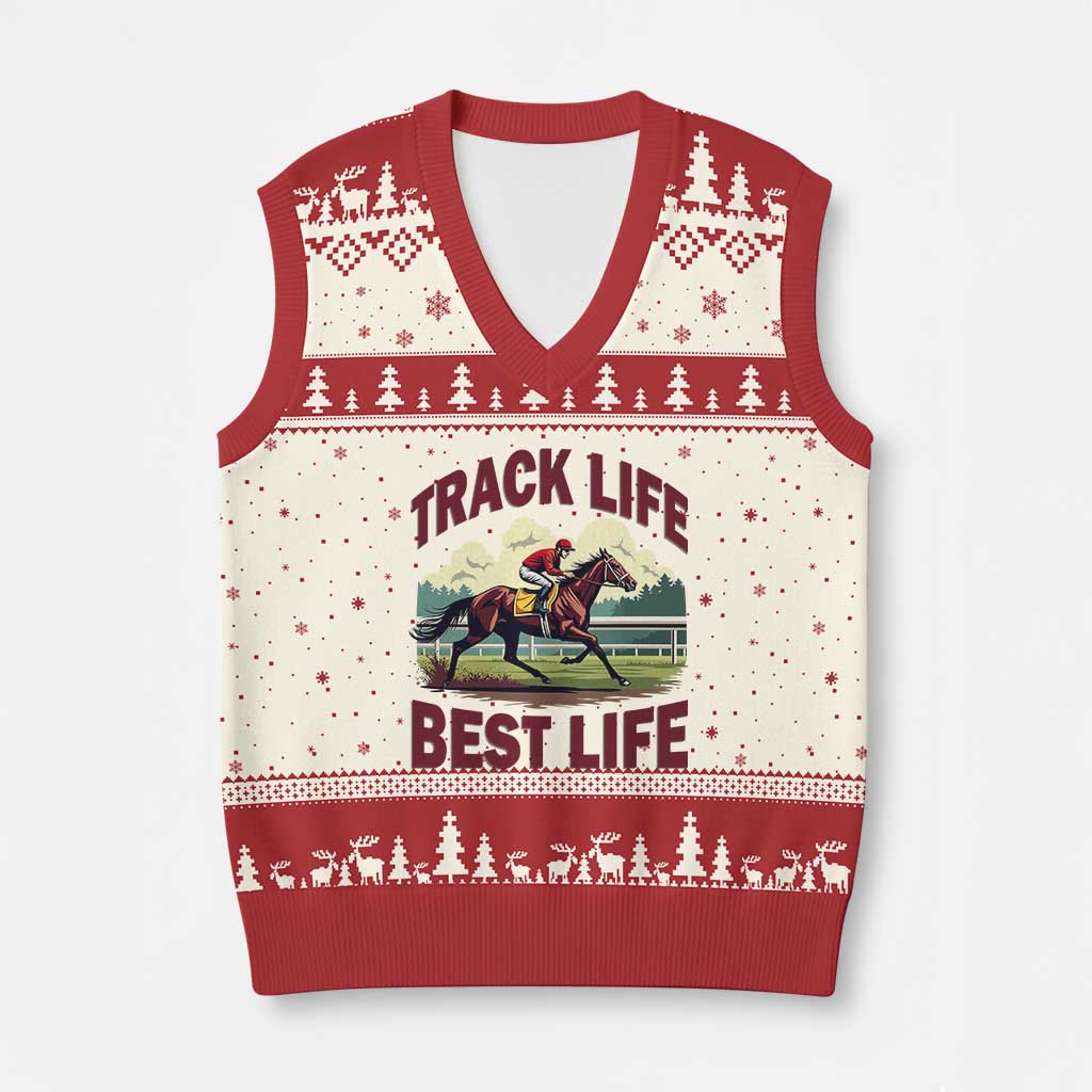 Track Life Best Life Horse Racing Enthusiast V-Neck Knit Sweater Vest Retro Jockey and Racehorse Trackside Southern Equestrian TS02 Beige Red Print Your Wear