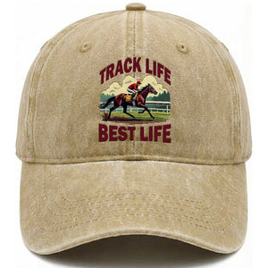 Track Life Best Life Horse Racing Enthusiast Washed Cotton Baseball Cap Retro Jockey and Racehorse Trackside Southern Equestrian TS02 Print Your Wear