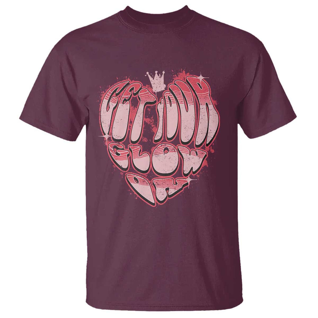 Retro 70s 80s T Shirt Get Your Glow On GLow Party Retro 70s 80s Graffiti Heart Shape TS02 Maroon Print Your Wear