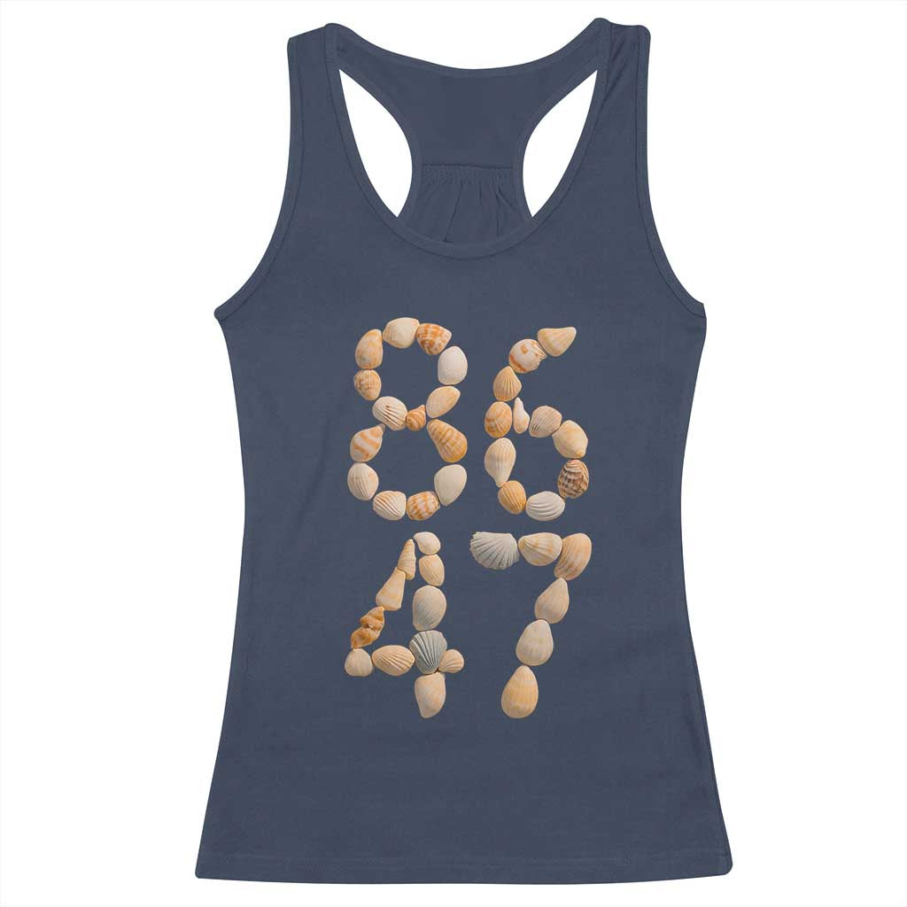 86 47 Seashell Subtle Summer Coastal Graphic Racerback Tank Top Viral Beach Walk Political Satire TS02 Navy Print Your Wear