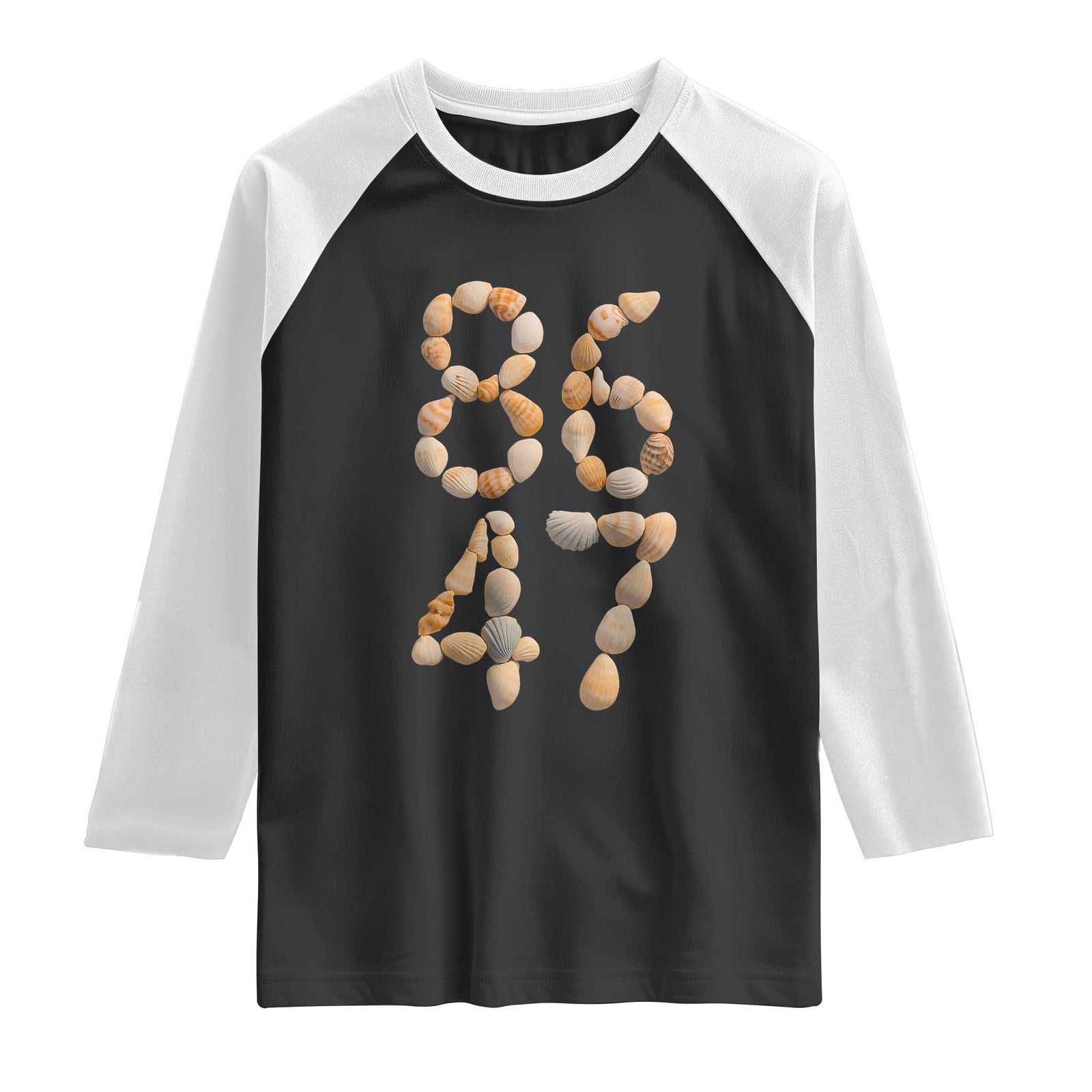 86 47 Seashell Subtle Summer Coastal Graphic Raglan Shirt Viral Beach Walk Political Satire TS02 Black White Print Your Wear