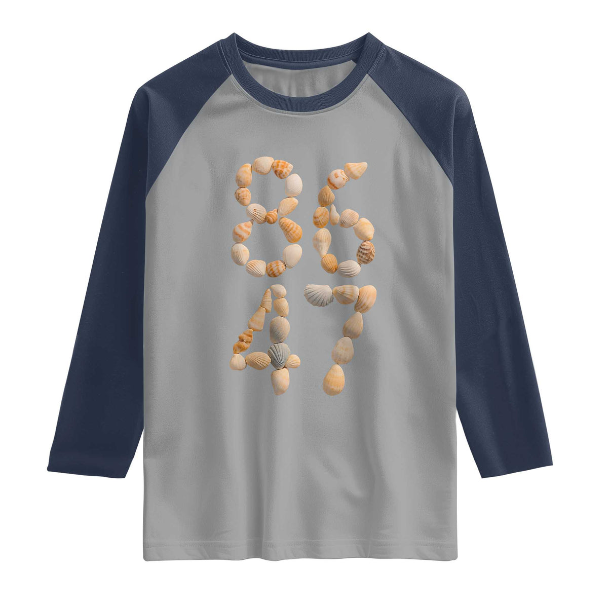 86 47 Seashell Subtle Summer Coastal Graphic Raglan Shirt Viral Beach Walk Political Satire TS02 Sport Gray Navy Print Your Wear