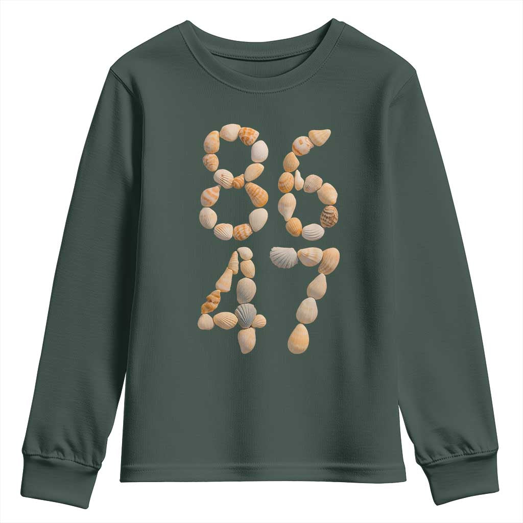 86 47 Seashell Subtle Summer Coastal Graphic Youth Sweatshirt Viral Beach Walk Political Satire TS02 Dark Forest Green Print Your Wear