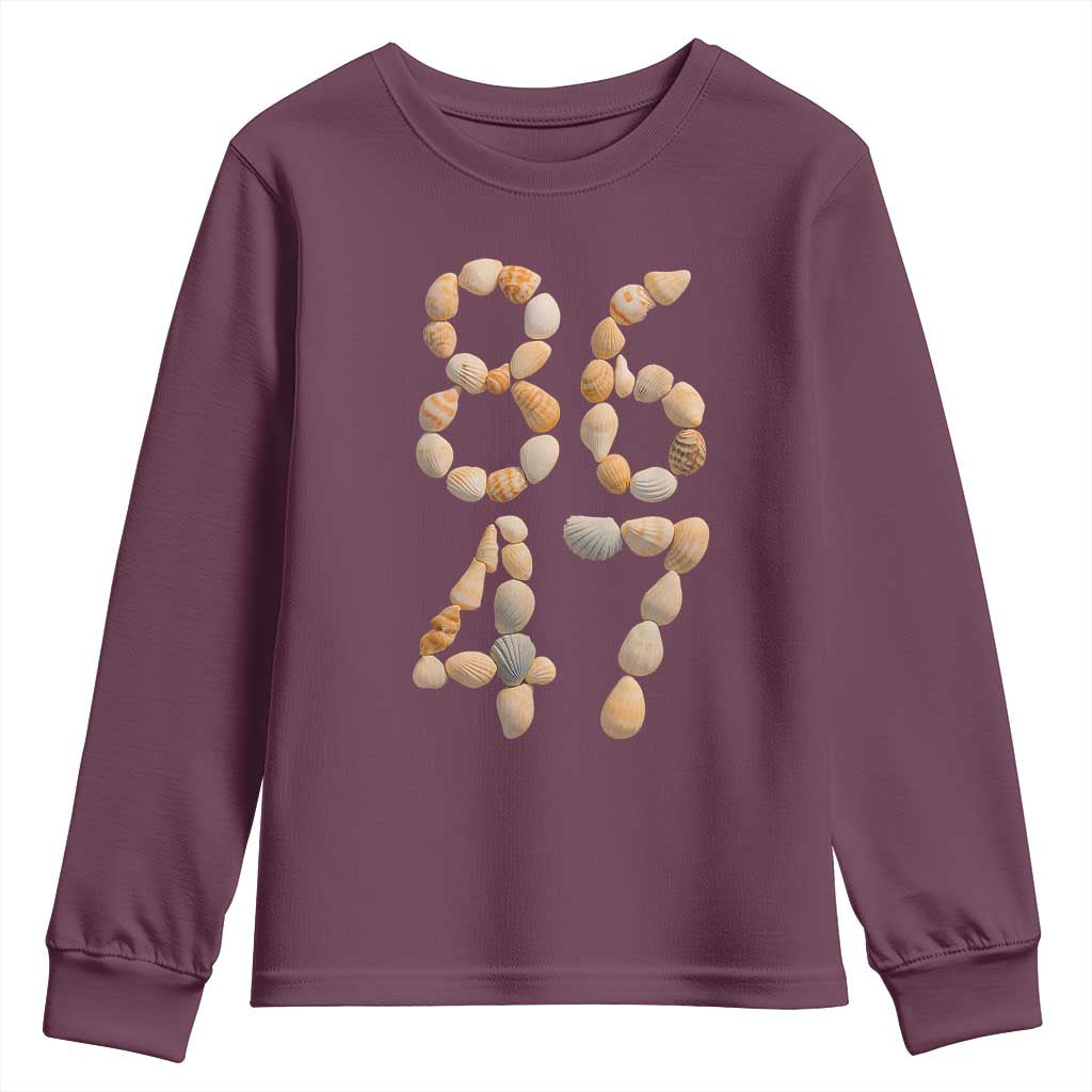 86 47 Seashell Subtle Summer Coastal Graphic Youth Sweatshirt Viral Beach Walk Political Satire TS02 Maroon Print Your Wear
