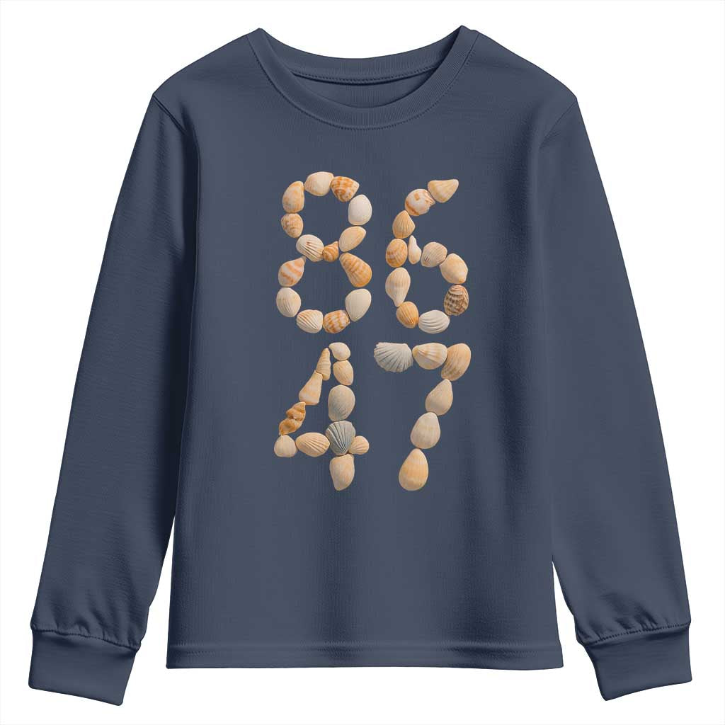 86 47 Seashell Subtle Summer Coastal Graphic Youth Sweatshirt Viral Beach Walk Political Satire TS02 Navy Print Your Wear