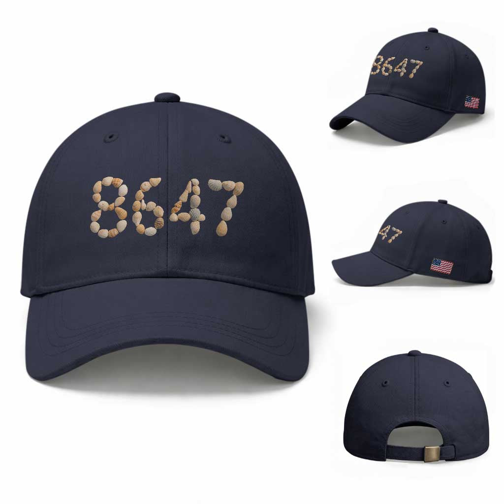 86 47 Seashell Beach Walk Graphic Baseball Cap Subtle Coastal Summer Political Satire TS02 Baseball Cap Universal Fit Navy Print Your Wear