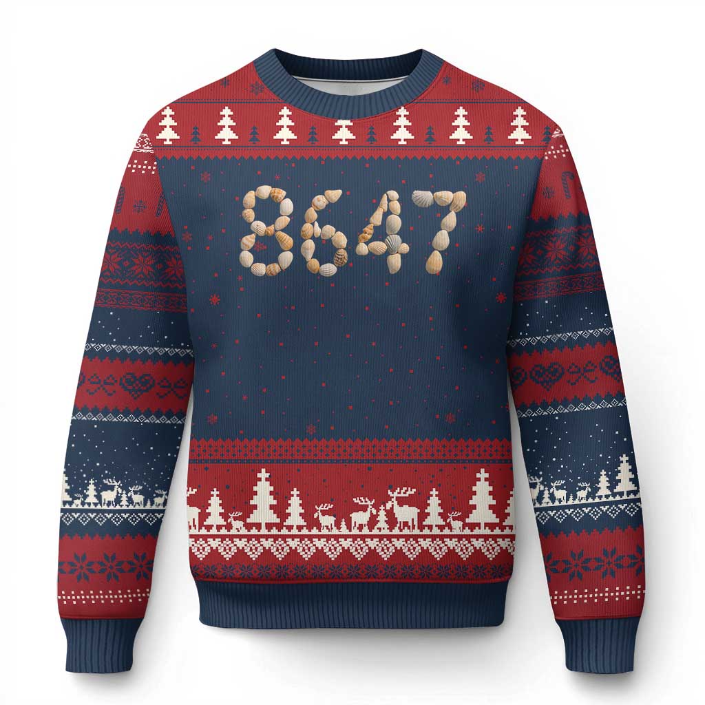 86 47 Seashell Beach Walk Graphic Ugly Christmas Sweater Subtle Coastal Summer Political Satire TS02 Navy Red Print Your Wear