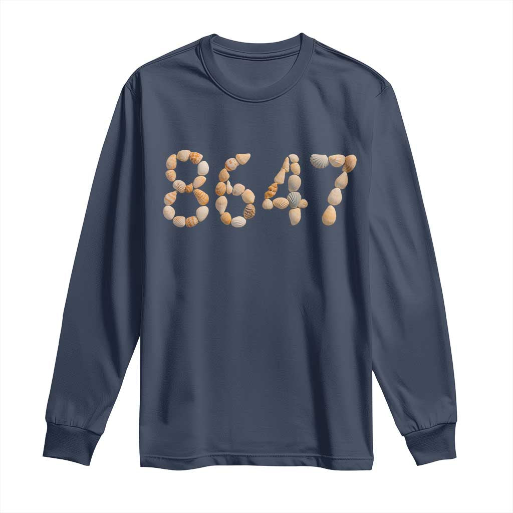 86 47 Seashell Beach Walk Graphic Long Sleeve Shirt Subtle Coastal Summer Political Satire TS02 Navy Print Your Wear