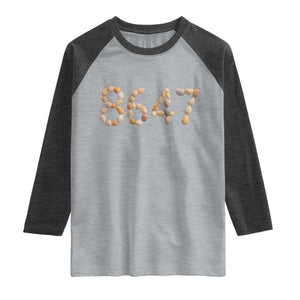 86 47 Seashell Beach Walk Graphic Raglan Shirt Subtle Coastal Summer Political Satire TS02 Heather Gray Heather Charcoal Print Your Wear