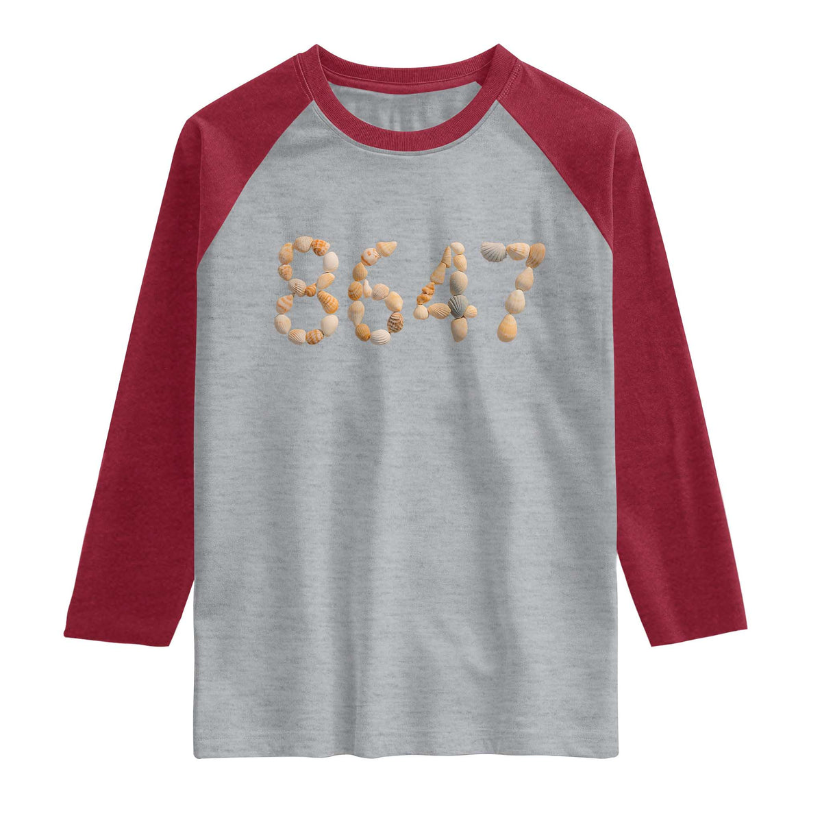 86 47 Seashell Beach Walk Graphic Raglan Shirt Subtle Coastal Summer Political Satire TS02 Heather Gray Heather Red Print Your Wear