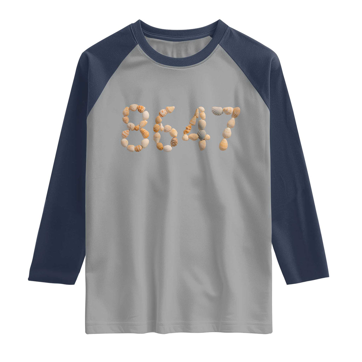 86 47 Seashell Beach Walk Graphic Raglan Shirt Subtle Coastal Summer Political Satire TS02 Sport Gray Navy Print Your Wear