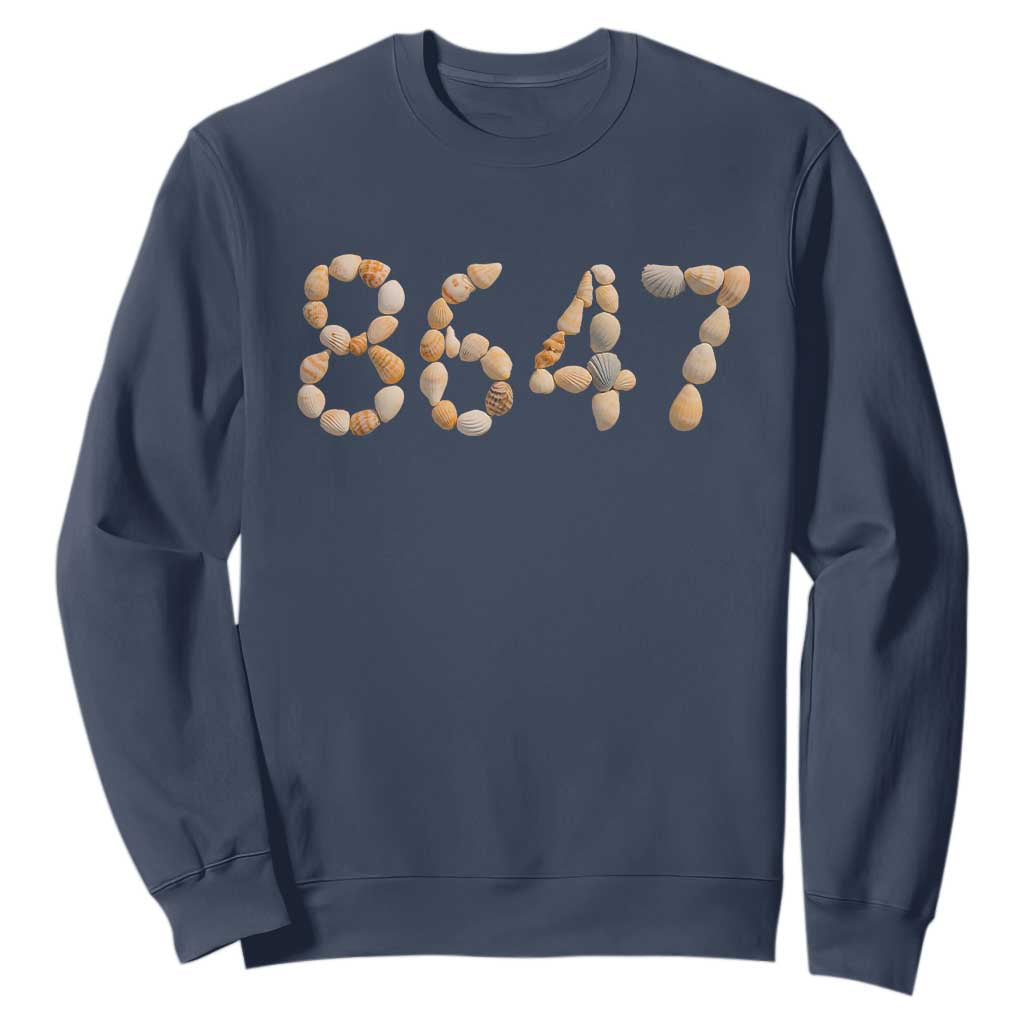 86 47 Seashell Beach Walk Graphic Sweatshirt Subtle Coastal Summer Political Satire TS02 Navy Print Your Wear