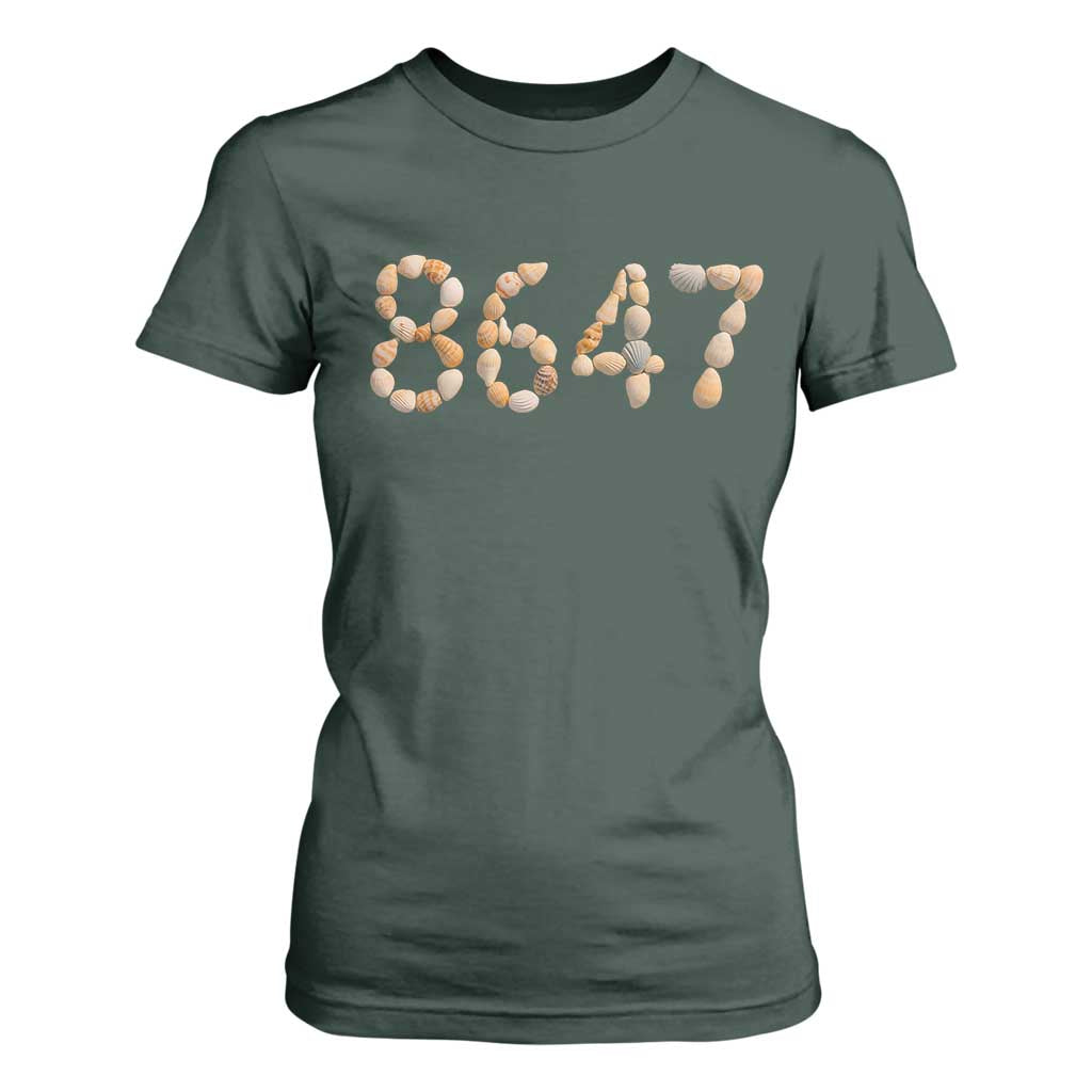 86 47 Seashell Beach Walk Graphic T Shirt For Women Subtle Coastal Summer Political Satire TS02 Dark Forest Green Print Your Wear