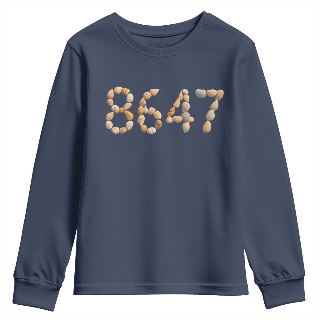 86 47 Seashell Beach Walk Graphic Youth Sweatshirt Subtle Coastal Summer Political Satire TS02 Navy Print Your Wear