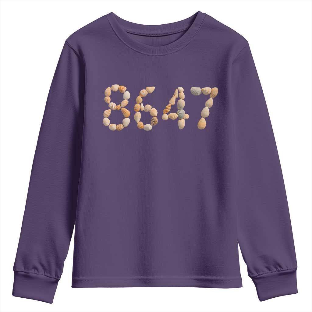 86 47 Seashell Beach Walk Graphic Youth Sweatshirt Subtle Coastal Summer Political Satire TS02 Purple Print Your Wear