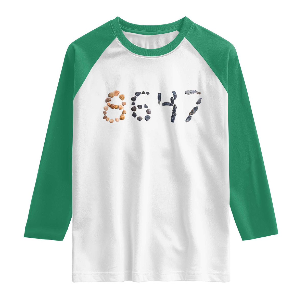 86 47 Seashell Graphic Subtle Summer Coastal Raglan Shirt Viral 2026 Beach Walk Political Satire TS02 White Kelly Green Print Your Wear