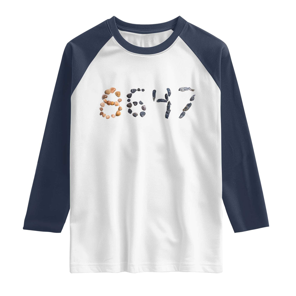86 47 Seashell Graphic Subtle Summer Coastal Raglan Shirt Viral 2026 Beach Walk Political Satire TS02 White Navy Print Your Wear