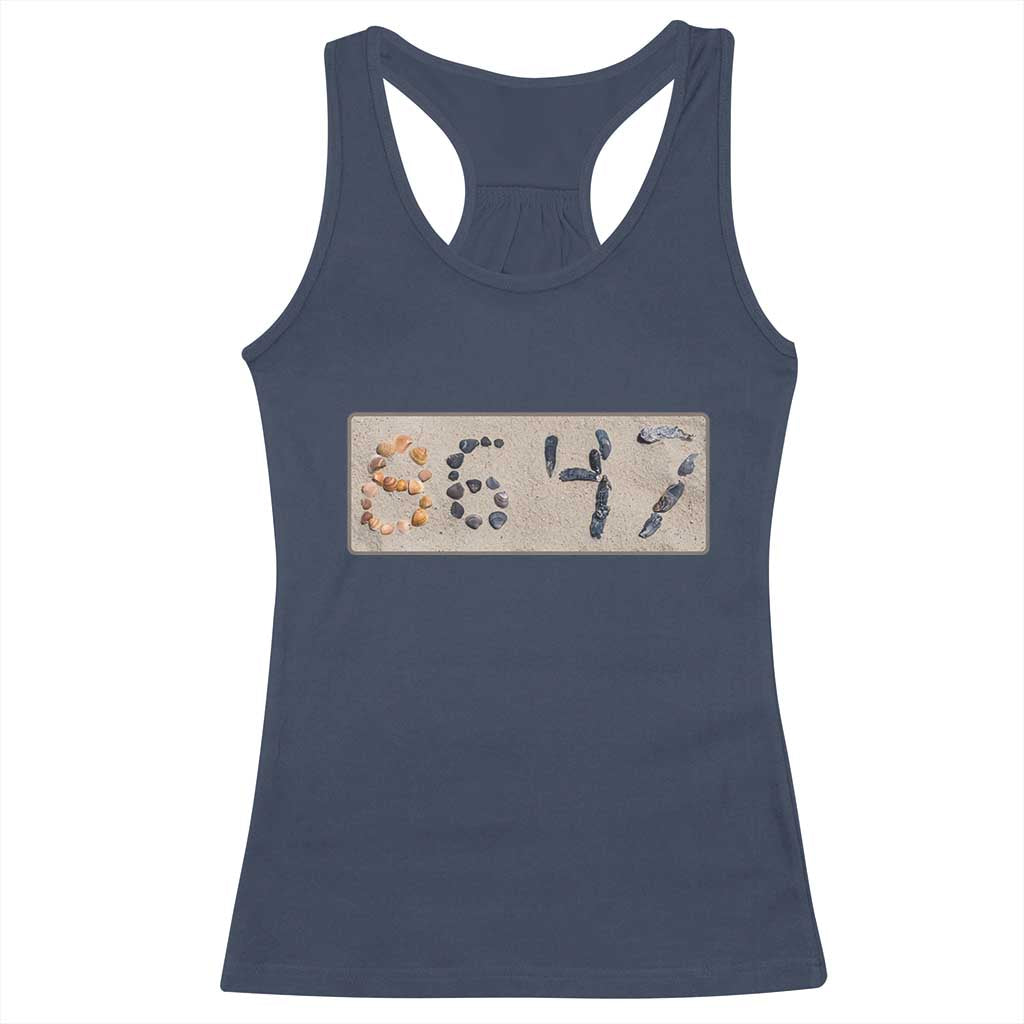86 47 Seashell Beach Sand Graphic Racerback Tank Top Subtle Coastal Summer Political Satire TS02 Navy Print Your Wear