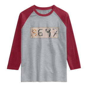 86 47 Seashell Beach Sand Graphic Raglan Shirt Subtle Coastal Summer Political Satire TS02 Heather Gray Heather Red Print Your Wear